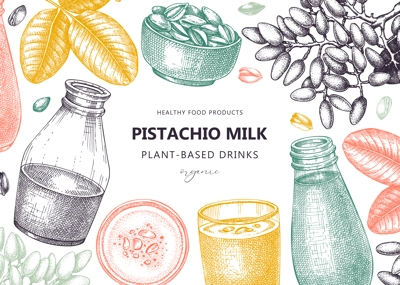 Vegetarian food background. Pistachio milk. Dairy products banner design. Print template with plant milk in glass, bottle, pistachio sketches. Healthy drink, nut milk vector illustration in color